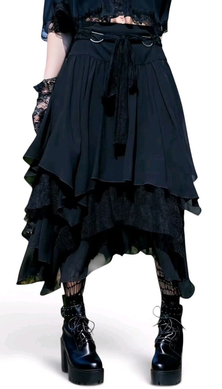 Romwe Steampunk Gothic Victorian Womens Midi Goth Ruffle Punk Retro Tiered Skirt